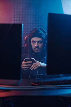 A mysterious hacker in a dark room using a smartphone between two monitors