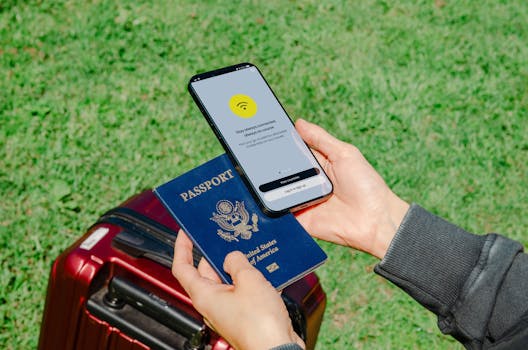 Close-up of hands holding a passport and smartphone with lost connection outdoors beside luggage.
