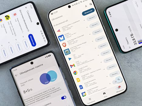 Top view of various smartphones showcasing app update screens indoors.