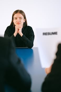 Woman in a serious job interview with resume in focus, sitting at a table.